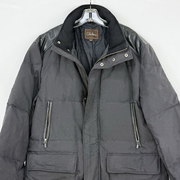 Cole Haan Men’s Down Puffer Jacket Black Leather Trim Size M Winter - Picture 3 of 16